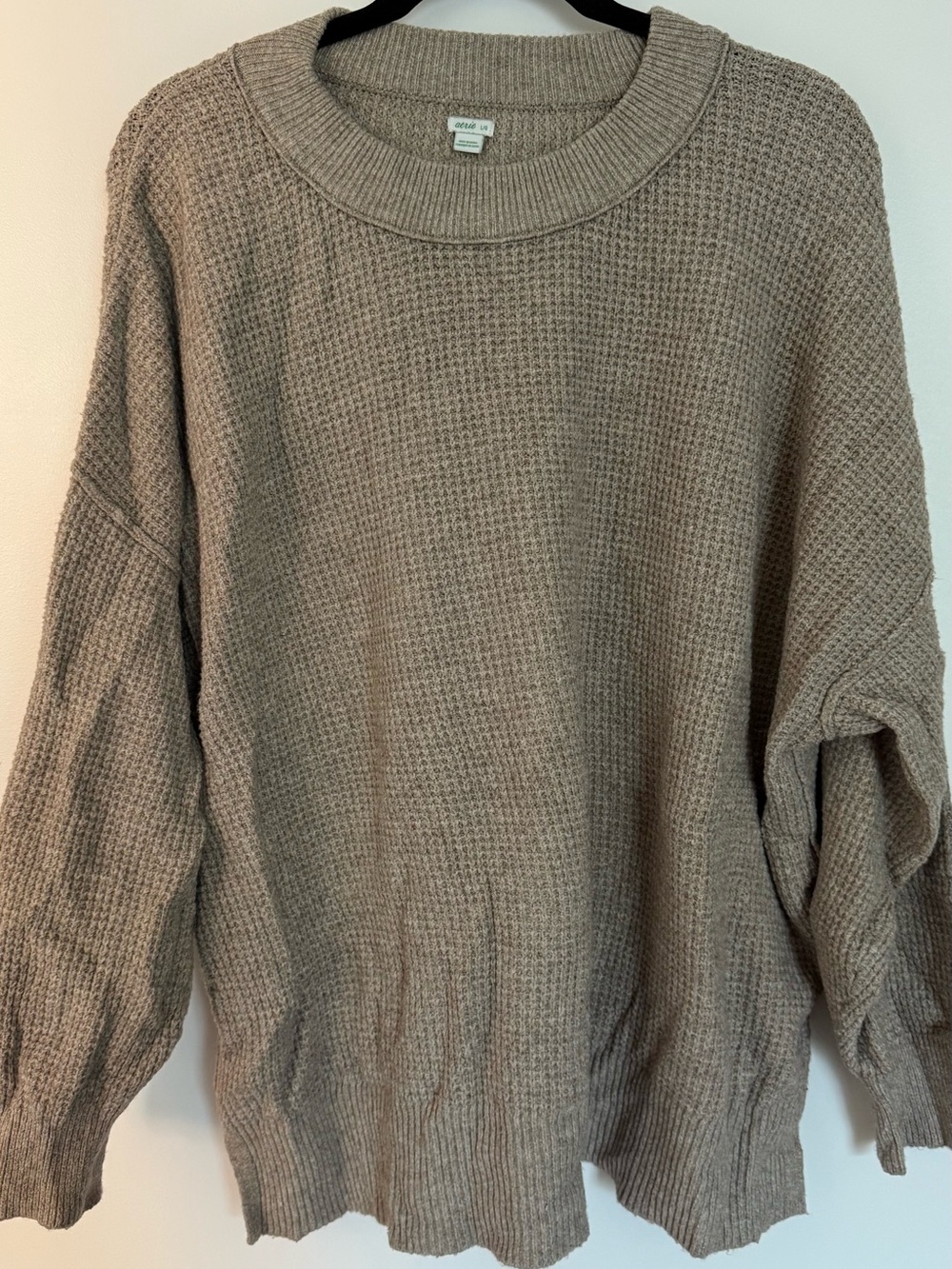 aerie Taupe Waffle-Knit Crewneck Sweater